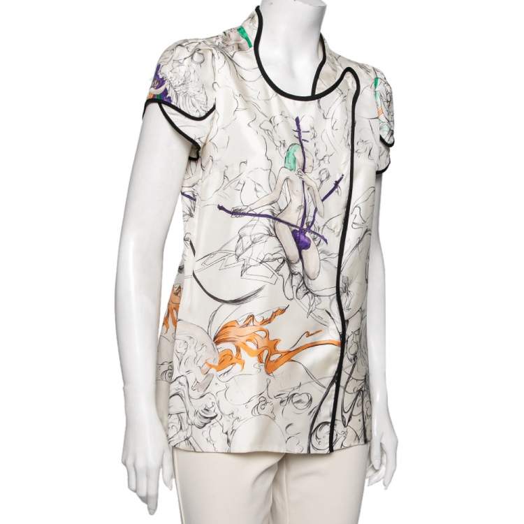 Pre Owned Prada Off White Fairy Printed Silk Button Front Blouse M