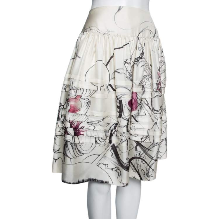 Pre Owned Prada Cream Fairy Printed Silk Flared Skirt M