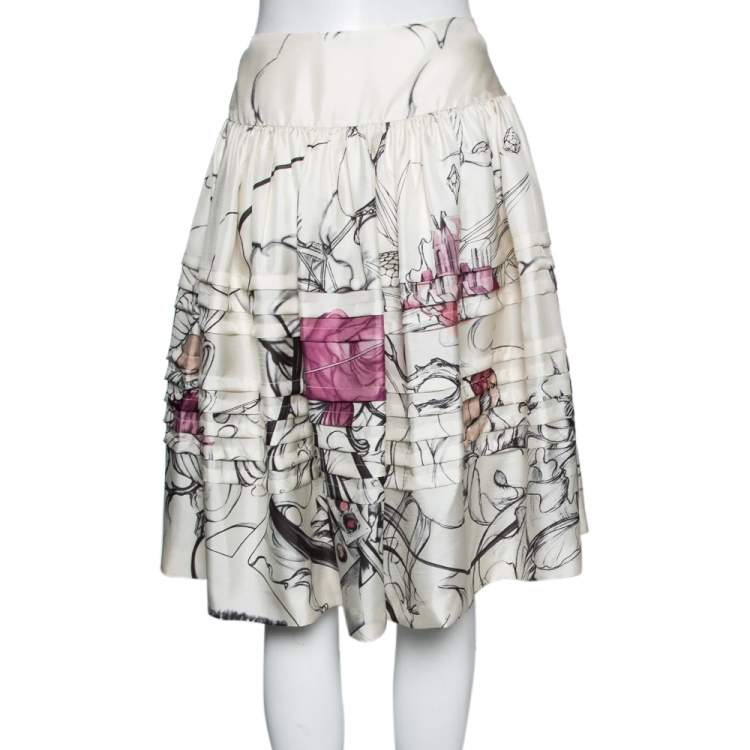 Pre Owned Prada Cream Fairy Printed Silk Flared Skirt M