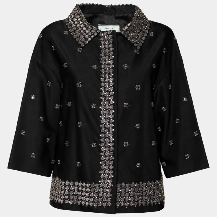 Pre Owned Prada Black Embellished Silk & Wool Button Front Jacket M