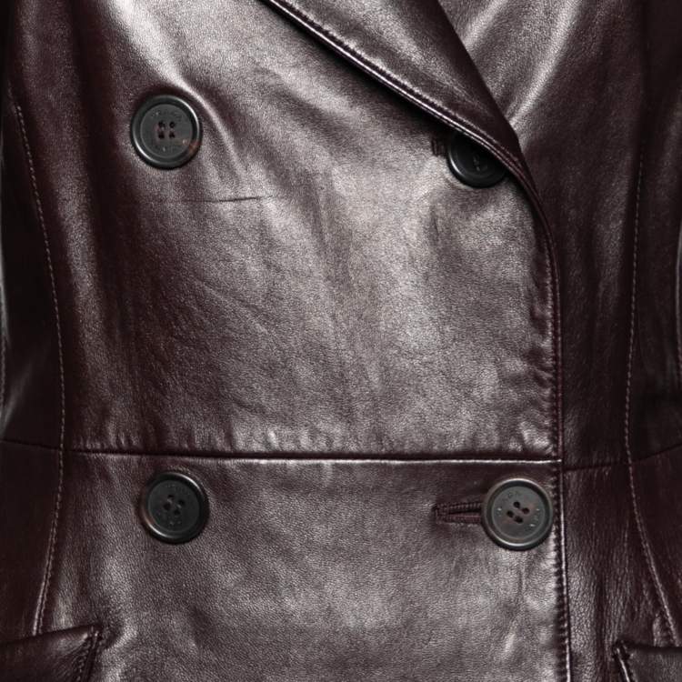Pre Owned Prada Brown Leather Double Breasted Coat M