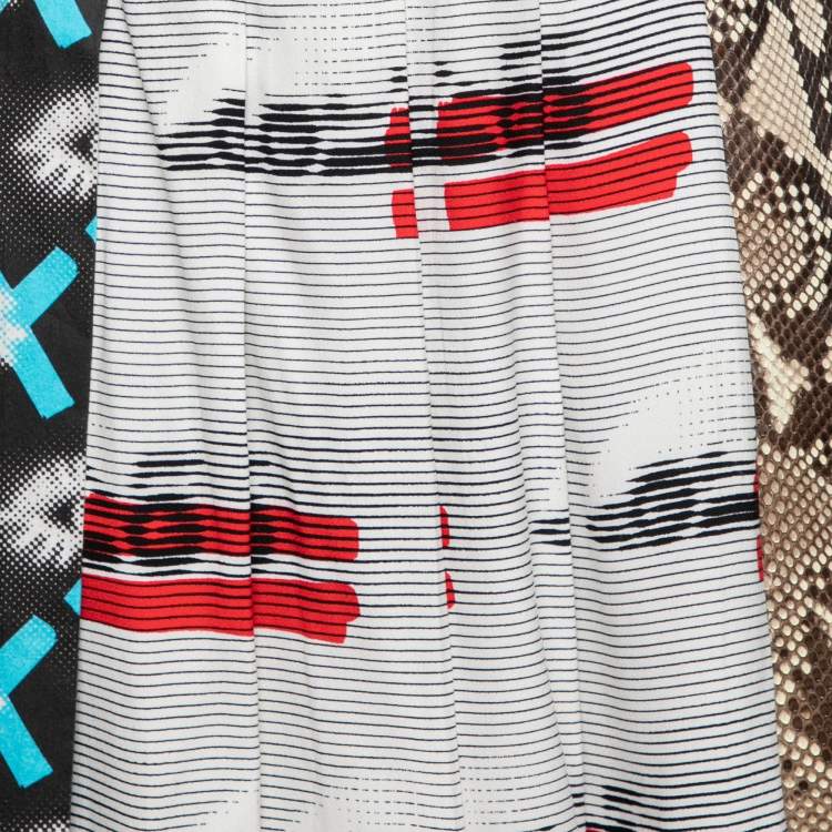 Pre Owned Prada Multicolor Printed Crepe & Python Leather Paneled Pleated Skirt S