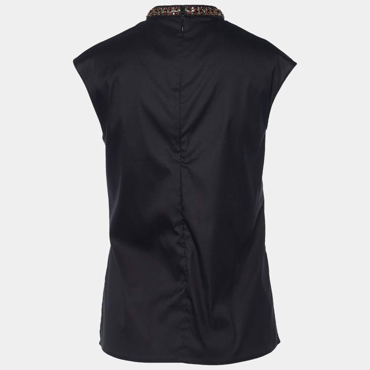 مملوكة مسبقًا Prada Black Cotton Blend Embellished Collar Sleeveless Blouse S