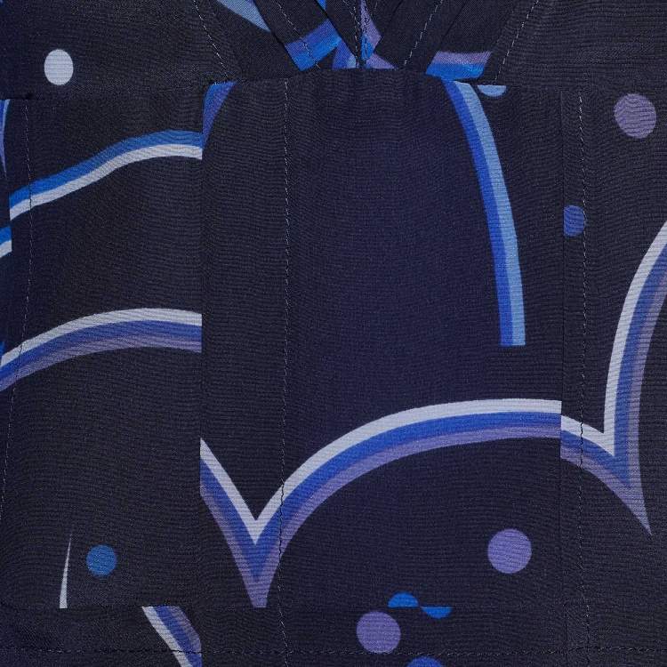 Pre Owned Prada Blue Geometric Print Crepe de Chine Silk Blouse L