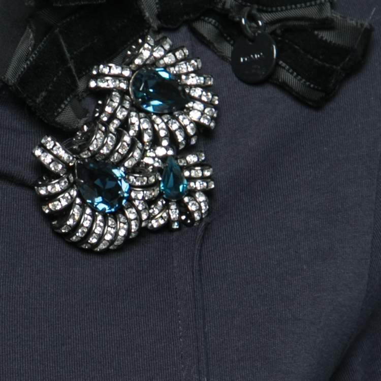 Pre Owned Prada Navy Blue Cotton & Silk Inset Applique Embellished T-Shirt S