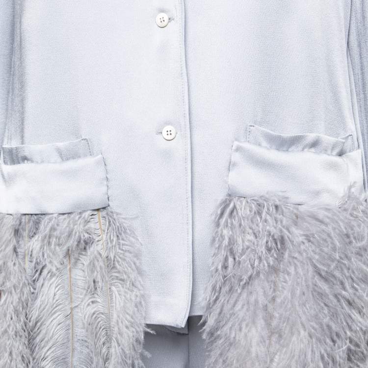 Pre Owned Prada Metallic Grey Satin Feather Detailed Pajama Suit L