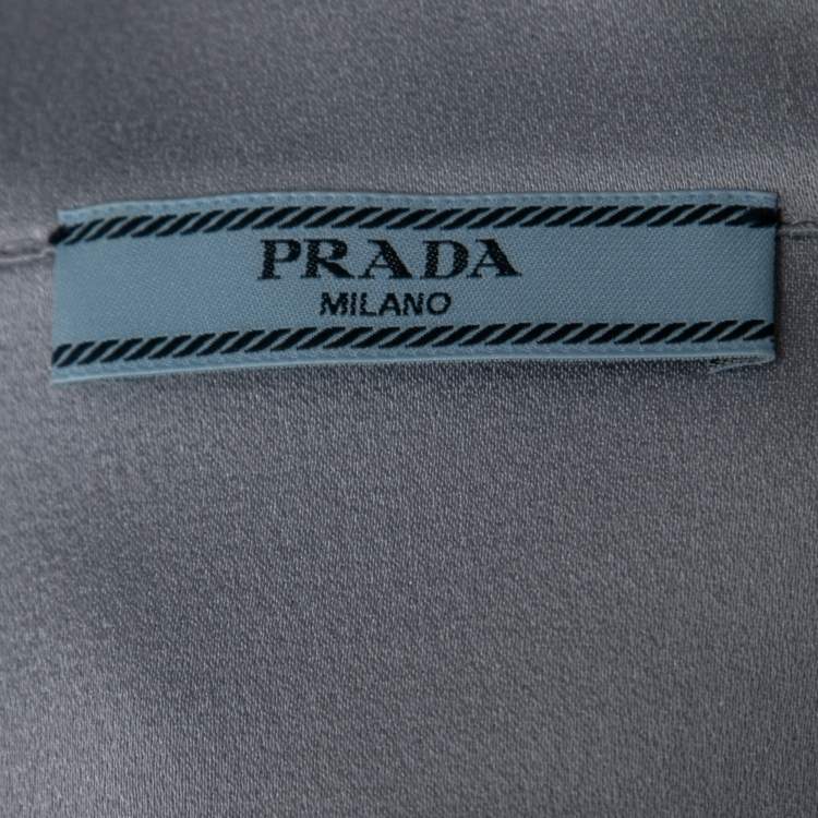 Pre Owned Prada Metallic Grey Satin Feather Detailed Pajama Suit L