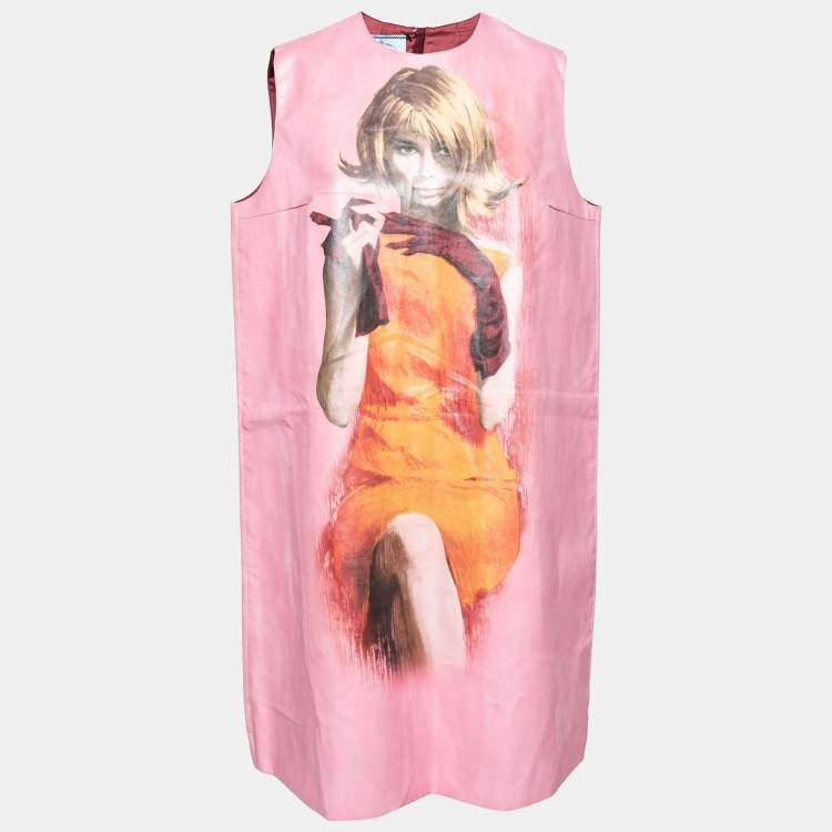 Pre Owned Prada Pink Faux Leather Printed Short Sleeveless Dress L