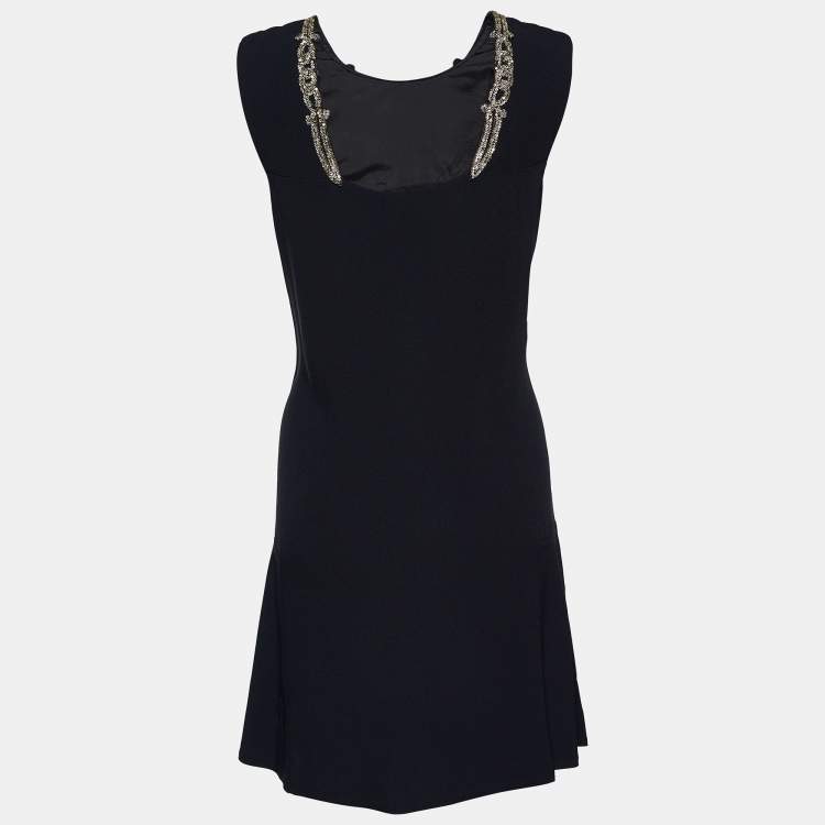 Pre Owned Prada Black Crepe Crystal Embellished Neck Mini Dress S