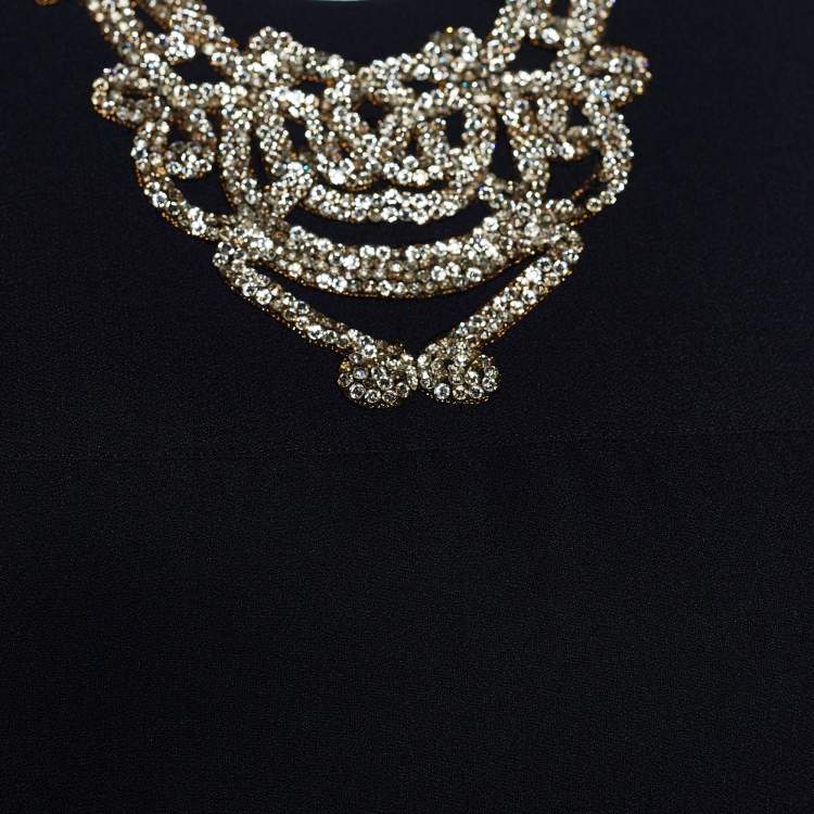 Pre Owned Prada Black Crepe Crystal Embellished Neck Mini Dress S