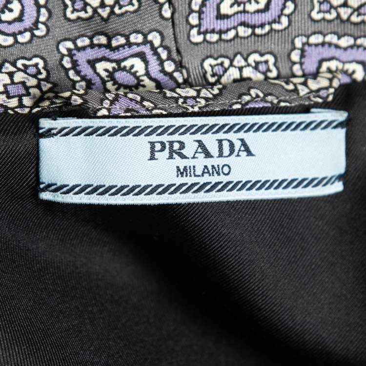 Pre Owned Prada Grey & Blue Paisley Print Silk Feather Cuff Robe Jacket L
