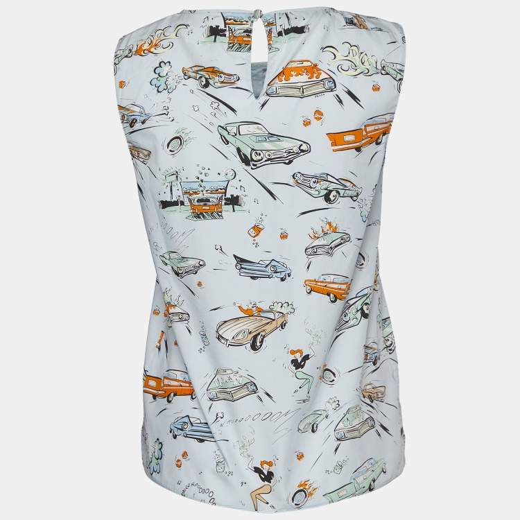 Pre Owned Prada Blue Cadillac Print Cotton Sleeveless Top S