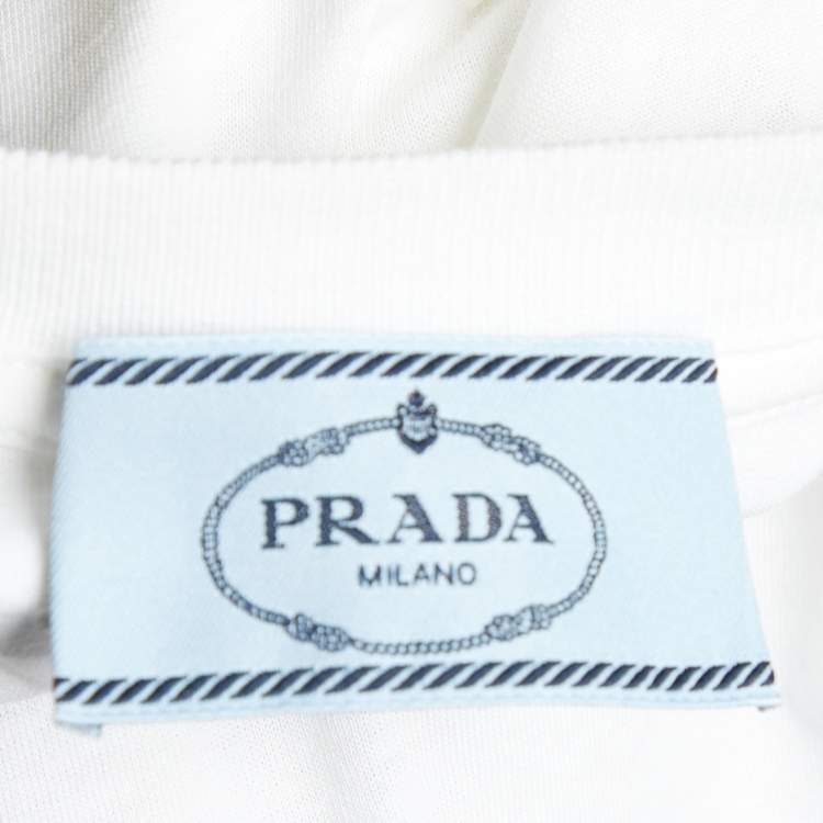 Pre Owned Prada White Cotton Knit Feather Trim T-Shirt M