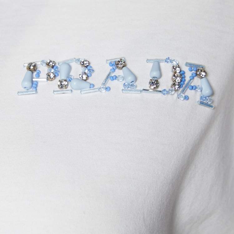 Pre Owned Prada White Cotton Knit Feather Trim T-Shirt M