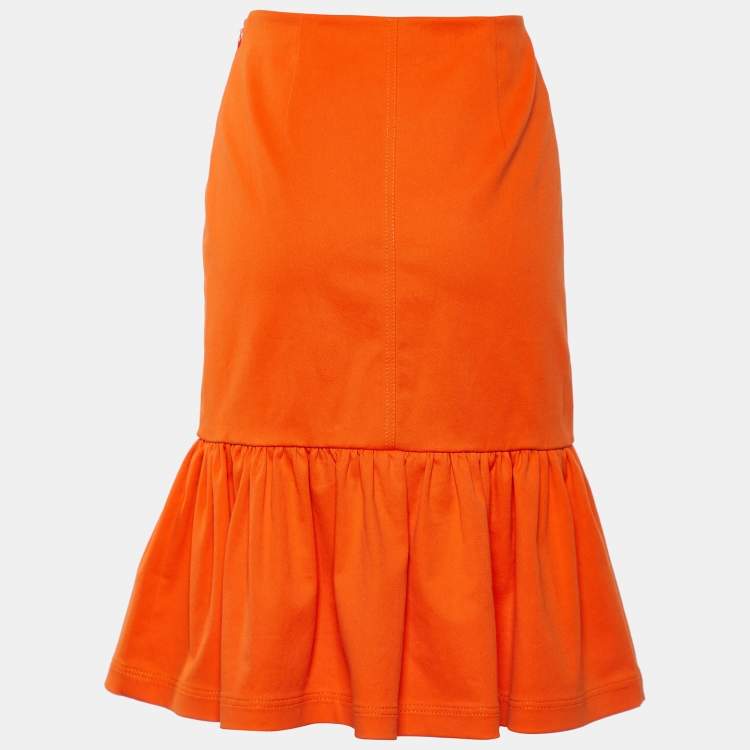 Pre Owned Prada Orange Cotton Ruffled Hem Midi Skirt S