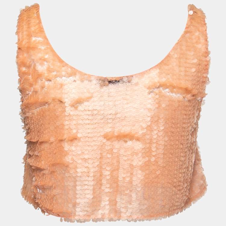 Pre Owned Prada Apricot Sequined Chiffon Sleeveless Crop Top S