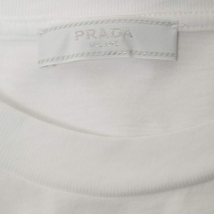 Pre Owned Prada White Cotton Logo Embroidered Crewneck T-Shirt S