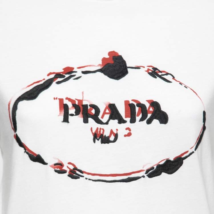 Pre Owned Prada White Cotton Logo Embroidered Crewneck T-Shirt S