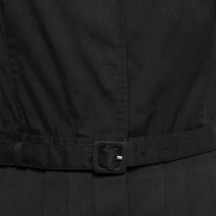Pre Owned Prada Black Cotton Belted Pleated Midi Dress S