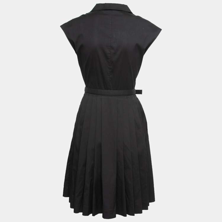 Pre Owned Prada Black Cotton Belted Pleated Midi Dress S