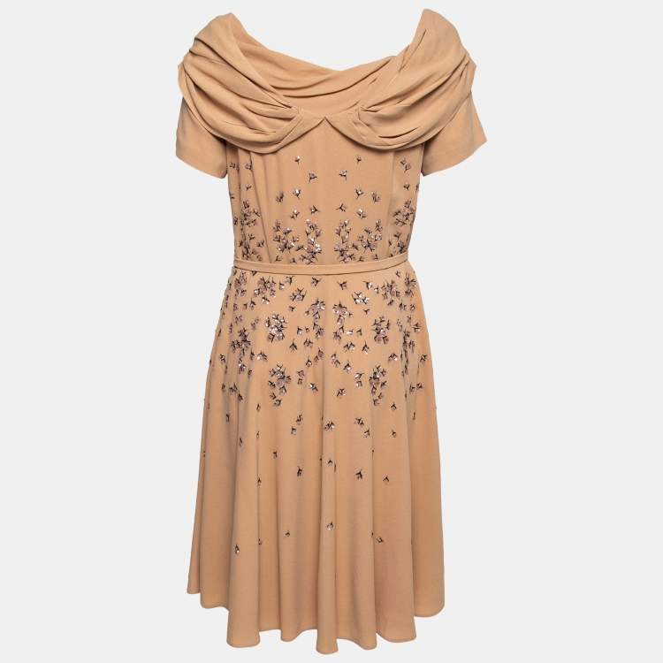 Pre Owned Prada Beige Embroidered Crepe Belted Midi Dress L
