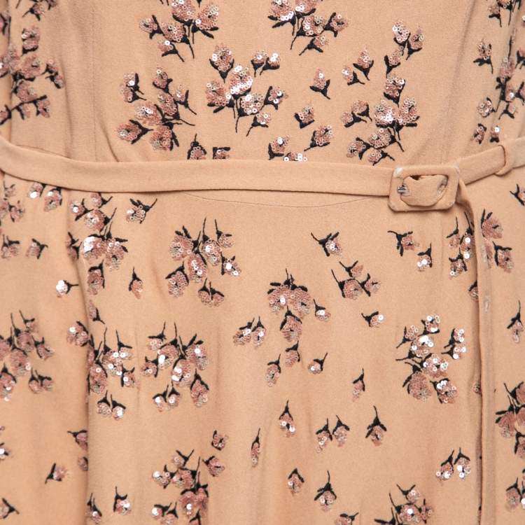 Pre Owned Prada Beige Embroidered Crepe Belted Midi Dress L