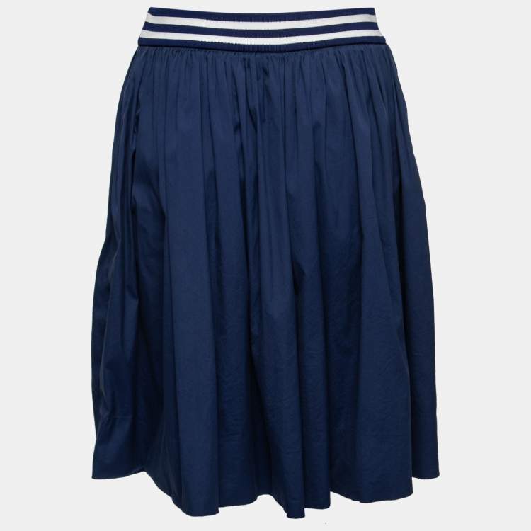 Pre Owned Prada Blue Cotton Elastic Ribbed Trim Flared Skirt M