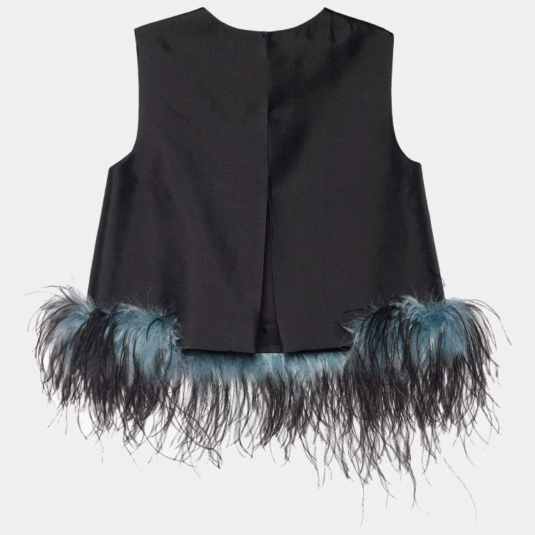 Prada Black Wool & Silk Ostrich Feather Trim Sleeveless Top S Prada | TLC