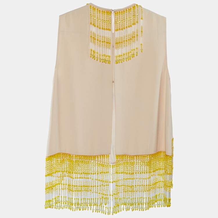 Pre Owned Prada Pale Pink Crepe Bead Tasseled Sleeveless Blouse S