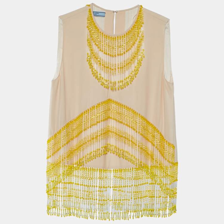 Pre Owned Prada Pale Pink Crepe Bead Tasseled Sleeveless Blouse S