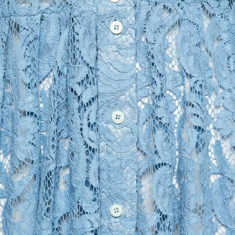 Pre Owned Prada Light Blue Floral Lace Shirt Midi Dress S