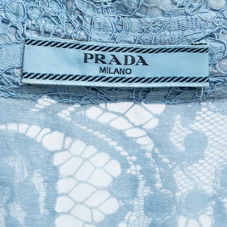 Pre Owned Prada Light Blue Floral Lace Shirt Midi Dress S