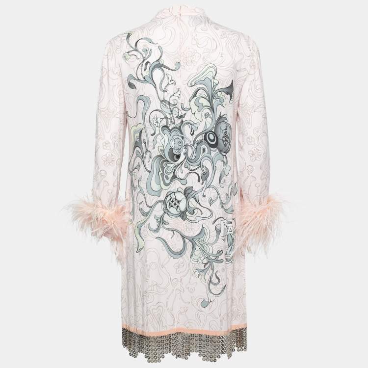 Pre Owned Prada Pink Printed Crepe Metal Hem & Feather Detail Sable Shift Dress S