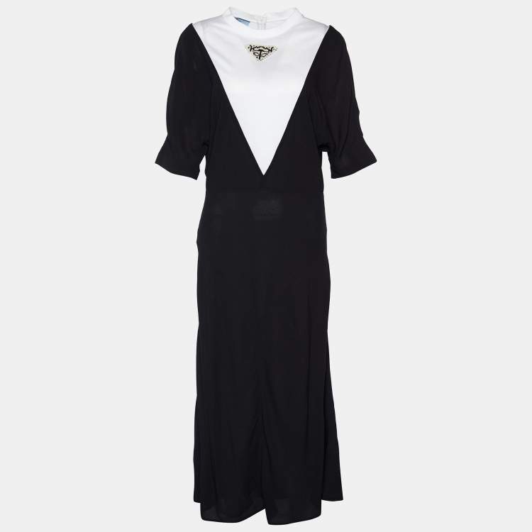 Pre Owned Prada Black Chiffon & Jersey Contrast Detail Midi Dress L