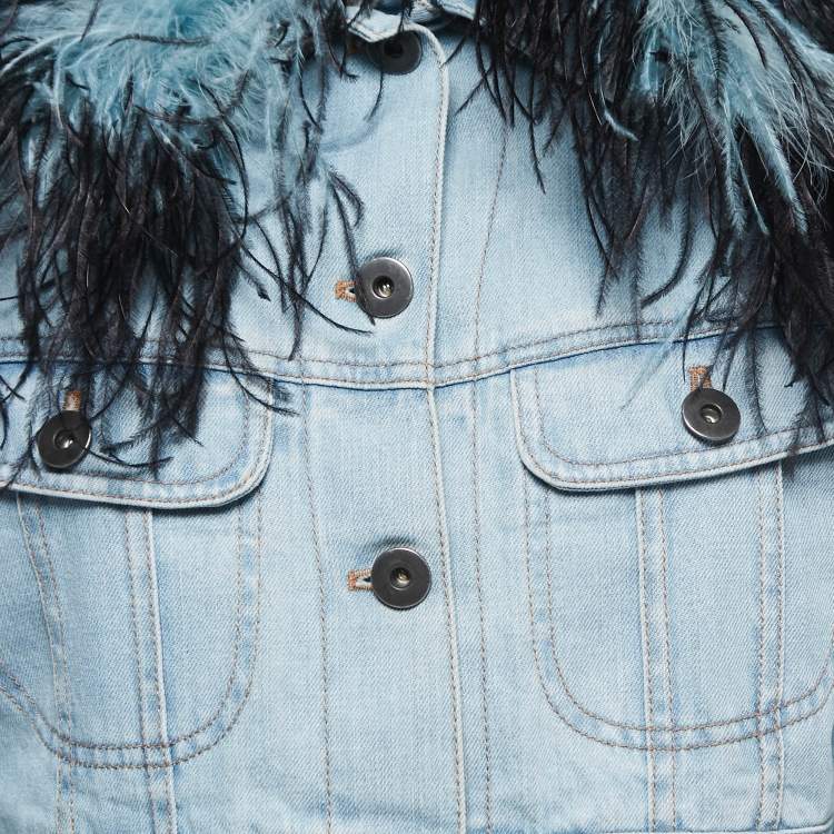 Pre Owned Prada Blue Denim Detachable Feather-Trim Collar Cropped Jacket S