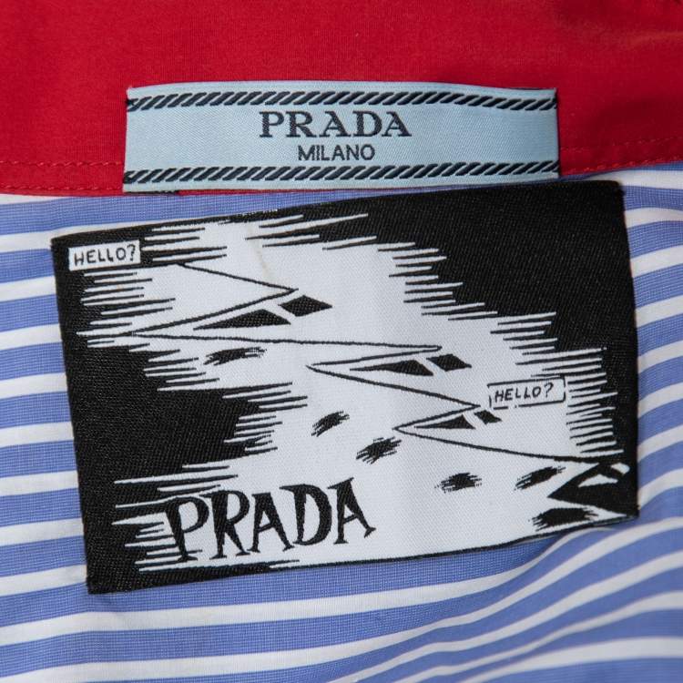 Pre Owned Prada Blue Striped Cotton Comic Printed Wrap Shirt M