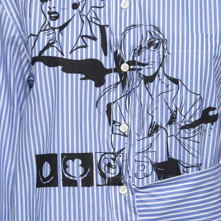 Pre Owned Prada Blue Striped Cotton Comic Printed Wrap Shirt M