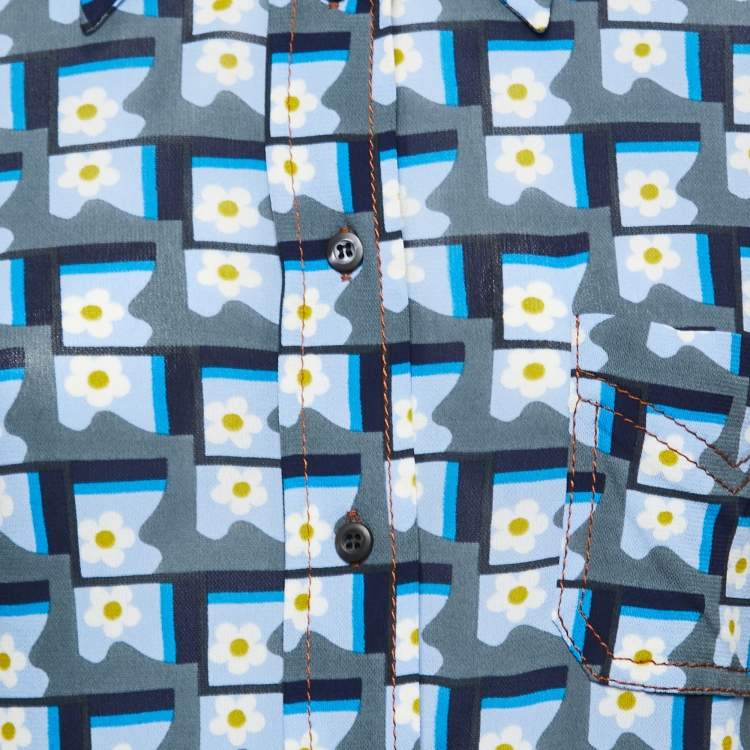 Pre Owned Prada Blue Floral Printed Jersey Button Front Shirt M