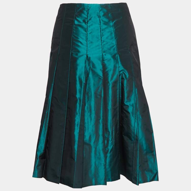 Pre Owned Prada Dark Green Taffeta Silk Pleated Midi Skirt M