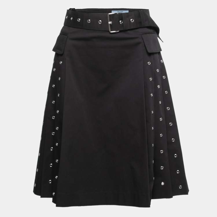 مملوكة مسبقًا Prada Black Cotton Belted Pleated Skirt S
