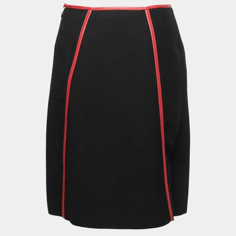Pre Owned Prada Black Crepe Leather Trimmed Knee Length Skirt S