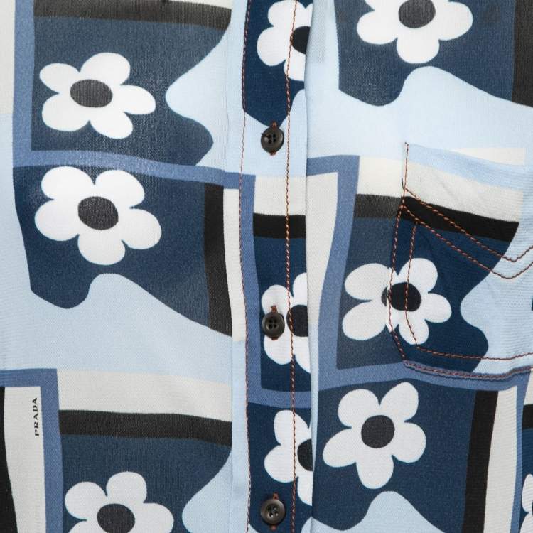 Pre Owned Prada Blue Flower Print Jersey Long Sleeve Button Front Shirt M