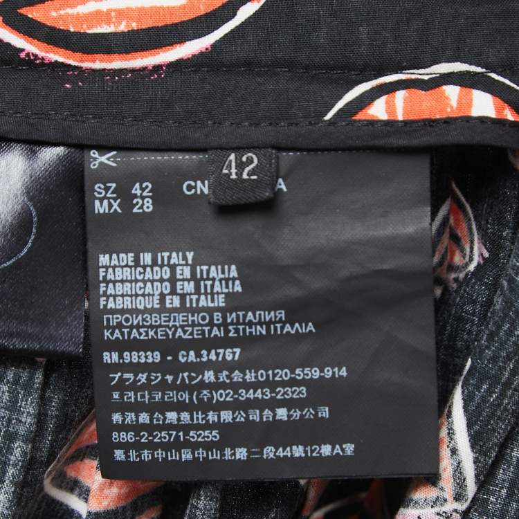 Pre Owned Prada Black Lips Print Cotton Gathered Knee Length Skirt M