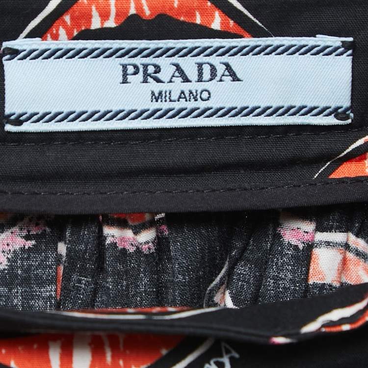 Pre Owned Prada Black Lips Print Cotton Gathered Knee Length Skirt M