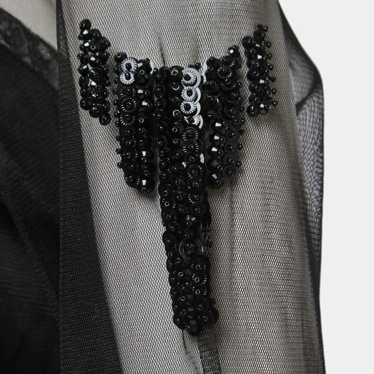 Pre Owned Prada Black Crystals Embellished Mesh Pleated Mini Dress  S