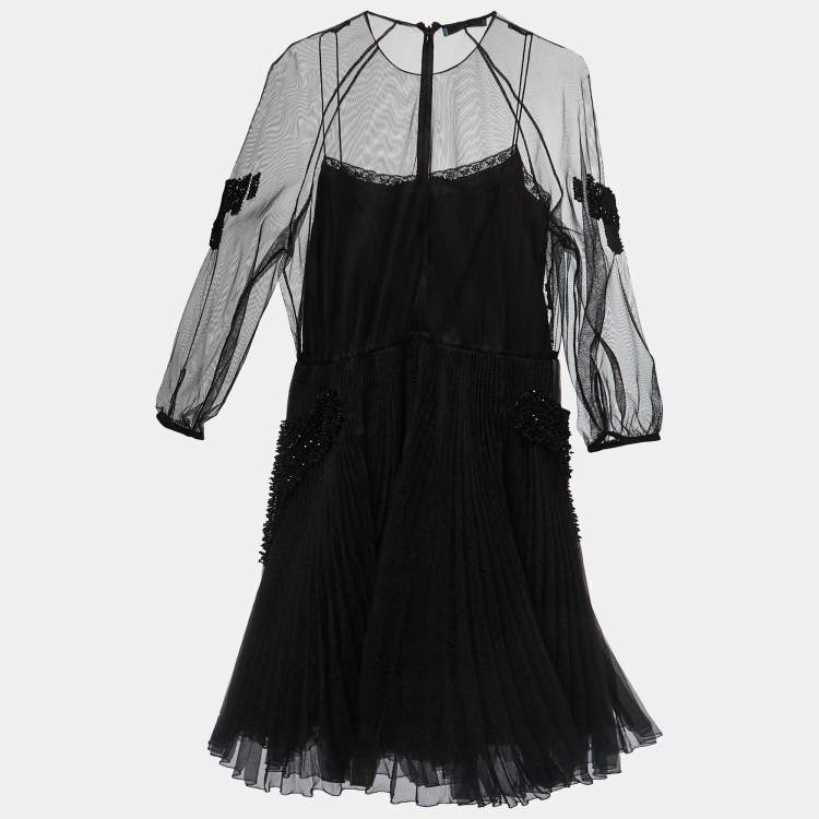 Pre Owned Prada Black Crystals Embellished Mesh Pleated Mini Dress  S