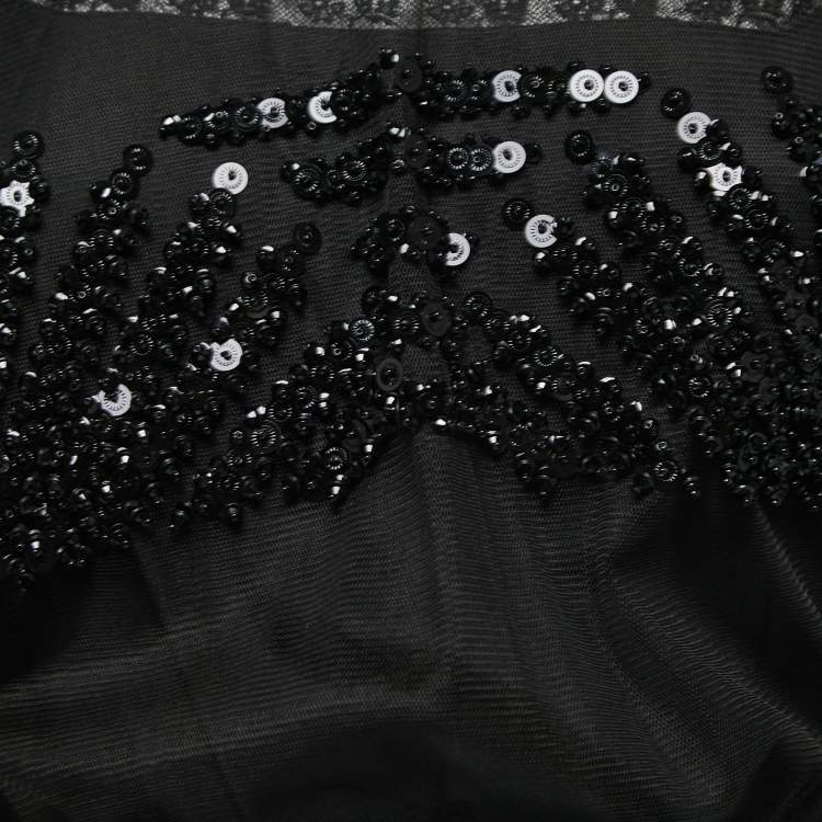 Pre Owned Prada Black Crystals Embellished Mesh Pleated Mini Dress  S