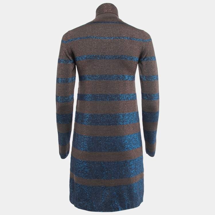Pre Owned Prada Brown/Blue Lurex Knit Turtleneck Short Dress S