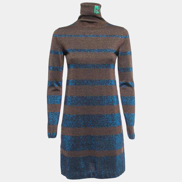 Pre Owned Prada Brown/Blue Lurex Knit Turtleneck Short Dress S