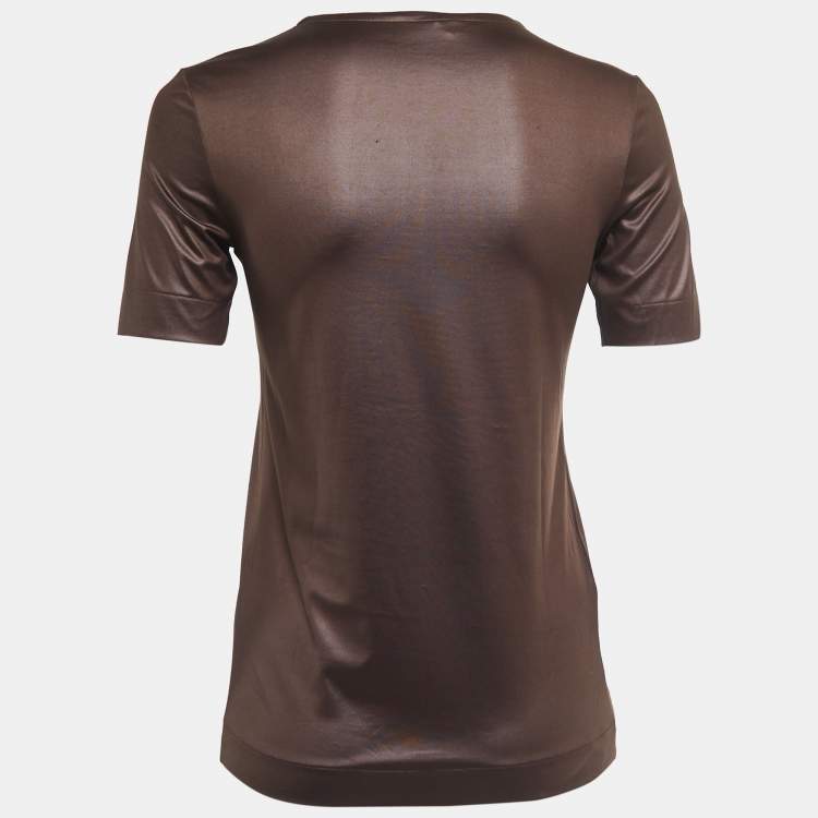 Pre Owned Prada Brown Jersey Zip Front Short Sleeve Top S 